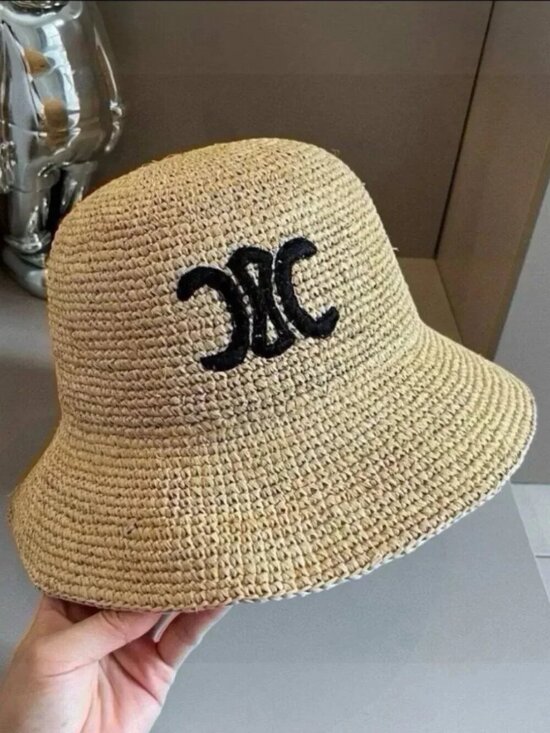 Celine Accessories - Celine Tan Woven Hat with Black Logo
